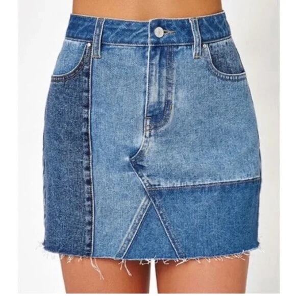 PacSun Dresses & Skirts - PacSun Reconstructed colorblock Blue Denim Frayed High Rise Y2K Mini Skirt 26 4